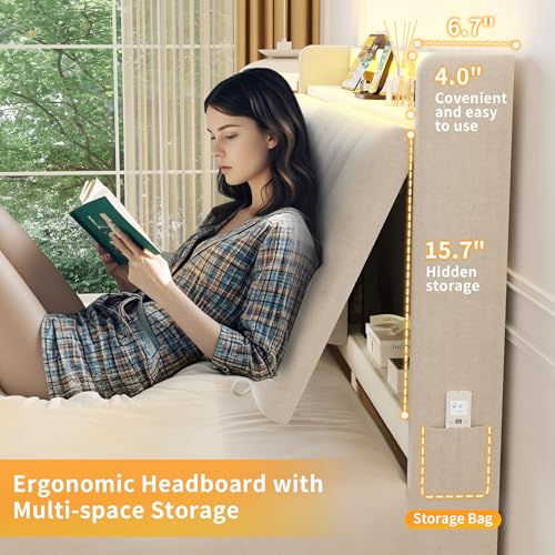 Jocoevol Queen Size Floating Bed Frame with Ergonomic Hidden Storage Headboard and LED Lights, Visual Floating LED Bed Frame with Charing Station, Velvet Upholstered Platform Bed, Heavy Duty, White Jocoevol