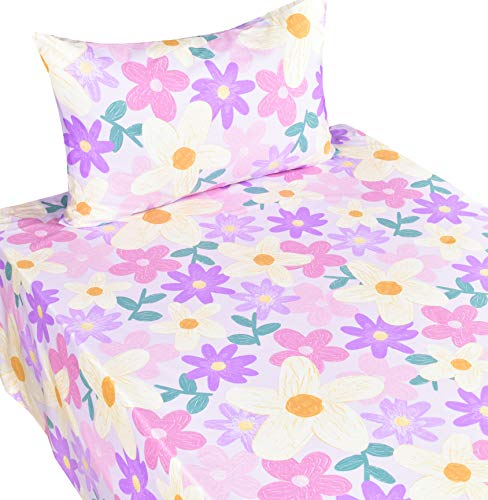 Scientific Sleep Purple Flower Painting Girls 100% Cotton 3 Pcs Twin Bed Sheet Set Kids Toddler Teen, Flat Sheet & Fitted Sheet & Pillowcase Kids Bedding Set (Floret, Twin) Scientific Sleep