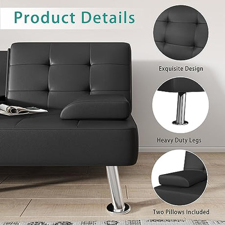 Flamaker Futon Sofa Bed Modern Folding Futon Set Convertible Recliner Lounge for Living Room with 2 Cup Holders, Removable Armrests (PU Leather, Black) Flamaker