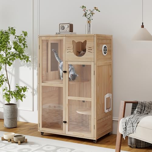 COZIWOW Large Wooden Cat House with Scratching Posts, Multi-Level Indoor Cat Enclosure with Acrylic Doors, Ventilation Holes, and Wheels (Natrual Wood) COZIWOW