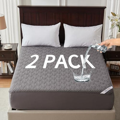 2 Pack Waterproof Mattress Protector, King Size Mattress Pad with Deep Pocket 6"-18" Depth, Soft Noiseless Dirt-Proof Bed Mattress Cover Washable for Home, Bedroom, Hotel (Gray)