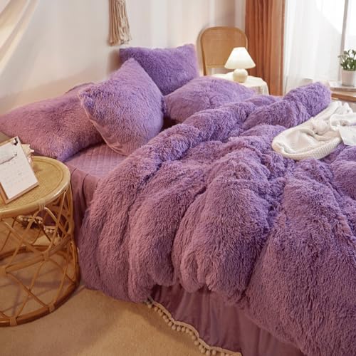 HAIHUA Faux Fur Purple Comforter Cover Queen Set, Soft Fuzzy Plush Purple Bedding Queen Set 3 Pieces (1 Furry Duvet Cover + 2 Fluffy Pillow Cases) Shaggy Bed Set, Zipper Closure HAIHUA
