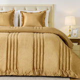 MUSSEL Bedding Comforter Set Queen Size 3 Pieces-Luxury Shiny Gold Striped Lightweight Bedroom Comforter Queen Size,Soft Velvet Bed Set with 2 Shams MUSSEL