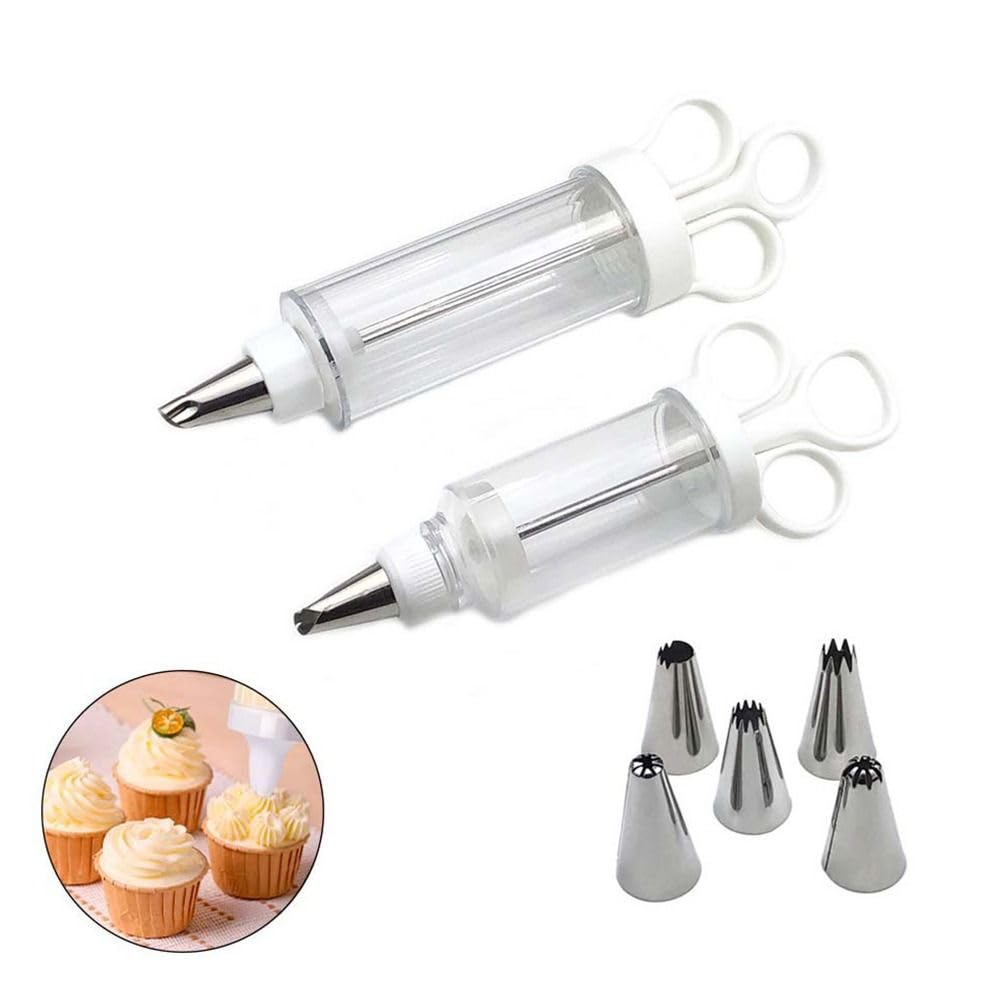 gifthub White Cupcake Icing Piping Kit,Easy to Use,Plastic Reusable Cupcake Injector with 6 Stainless Steel Icing Nozzles,Durable Dessert Cream Decorating Tools for Cooking Baking(8.86x2.60x1.77 Inch) gifthub