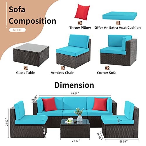 Shintenchi 6 Pieces Patio Furniture Sets Outdoor All-Weather Sectional Patio Sofa Set PE Rattan Manual Weaving Wicker Patio Conversation Set with Glass Table & Ottoman Cushion and Red Pillows, Blue Shintenchi