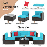Shintenchi 6 Pieces Patio Furniture Sets Outdoor All-Weather Sectional Patio Sofa Set PE Rattan Manual Weaving Wicker Patio Conversation Set with Glass Table & Ottoman Cushion and Red Pillows, Blue Shintenchi