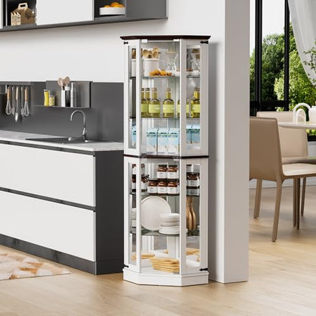 PAKASEPT 71'' Farmhouse Display Curio Cabinet with LED Lights,Tempered Glass Doors,6 Shelves,Floor Standing Display Cage Corner Wine Cabinet Storage Rack for Bar and Liquor Storage,White PAKASEPT