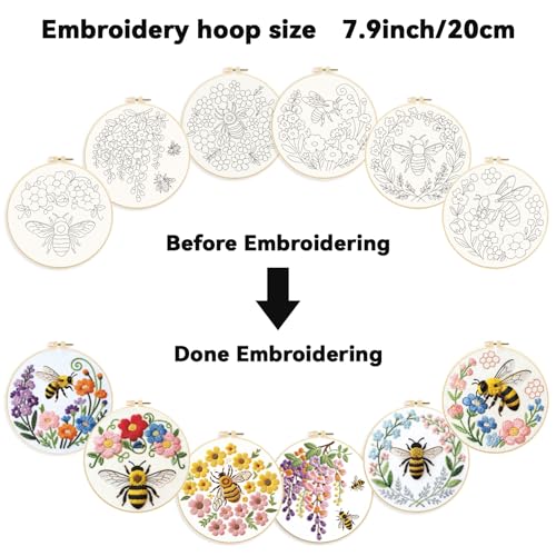 ORIGACH 6 Pack Bees & Flowers Embroidery Kits for Beginners, DIY Starter Hand Embroidery Kit with Floral & Bees Patterns and Instructions for Adults Women Crafting