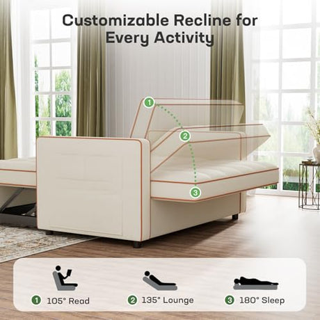 Marsail 3-in-1 Convertible Futon Sleeper Sofa Bed, Pull Out Couch with Adjustable Backrest, USB Charging & Side Pockets, Velvet Fabric Sofa Loveseat for Living Room, Apartment, Ivory White Marsail