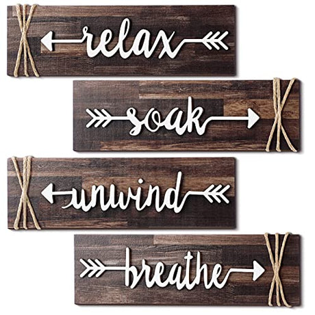 Jetec 4 Pieces Bathroom Decor Wall Art Farmhouse Bathroom Decor Soak Relax Unwind Breathe Wooden Signs Rustic Bathroom Decor with Arrow Vintage Country Bathroom Decor for Home Laundry Room (Brown) Jetec