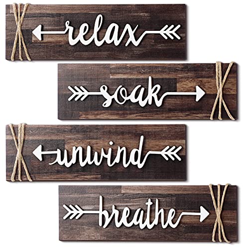 Jetec 4 Pieces Bathroom Decor Wall Art Farmhouse Bathroom Decor Soak Relax Unwind Breathe Wooden Signs Rustic Bathroom Decor with Arrow Vintage Country Bathroom Decor for Home Laundry Room (Brown)