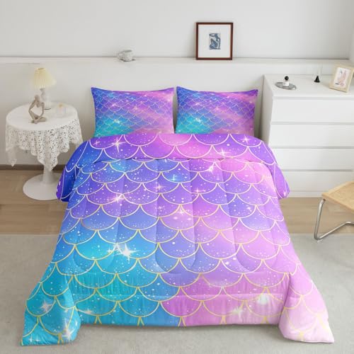 Feelyou Mermaid Scales Comforter Fish Scales Print Comforter Set for Girls Ocean Marine Themed Nature Bedding Set Purple Blue Room Decor Twin Size Duvet Set 2Pcs Boys Feelyou