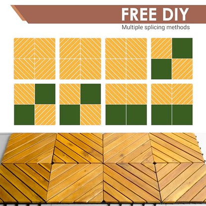 PrimeZone 9 PCS FSC Certified Acacia Wood Interlocking Patio Deck Tiles - 12" x 12" Indoor Outdoor Waterproof Flooring Tiles for Balcony, Backyard & Poolside, All Weather Use, Natural Wood, Diagonal