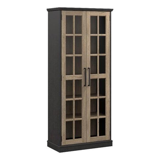 Bush Furniture Westbrook Curio Cabinet with Glass Doors in Vintage Black/Restored Tan Hickory | Tall 5 Shelf Display Case for Living Room or Home Office - WoodArtSupply