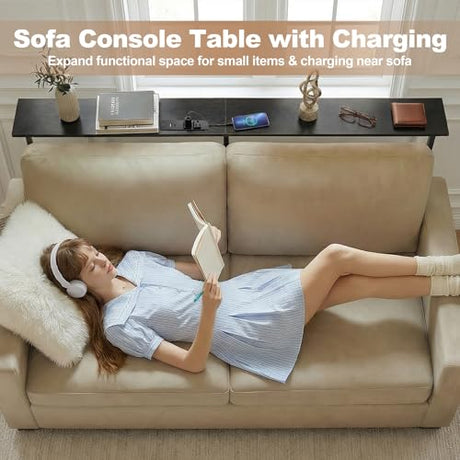 Faesun 70.9 Inch Behind Couch Table, 24"-32" Adjustable Height Range, Behind The Couch Table with Outlet, Adjustable Console Table, Narrow Long Sofa Table, for Living Room, Black Faesun