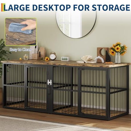 Garvee 87 in Extra Large Double Dog Crate Furniture with Divider, Heavy Duty Indoor Double Dog Cage with 3 Doors, XXL Wooden Pet House TV Stand for 2 Pets, Black+Brown Garvee