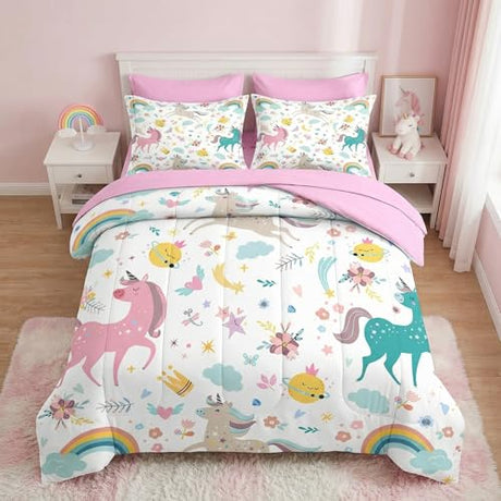 Nesker 5 Pcs Comforter Set Twin Size, Cute Colorful Unicorns Bedding Set for Kids Teen, Cloud Rainbow Bed Sheet with Pillowcase & Sham Nesker