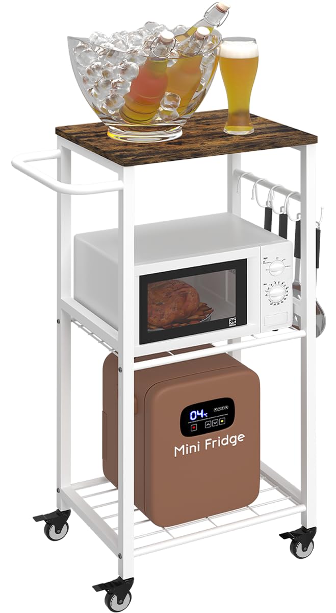 Sungaryard 3-Tier Rolling Kitchen Cart Microwave Stand on Wheel, Movable Coffee Bar Cart with Metal Handle, Bakers Rack with 8 Hooks Utility Cart for Living Room, Bedroom, Bathroom, Office, White Sungaryard