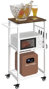 Sungaryard 3-Tier Rolling Kitchen Cart Microwave Stand on Wheel, Movable Coffee Bar Cart with Metal Handle, Bakers Rack with 8 Hooks Utility Cart for Living Room, Bedroom, Bathroom, Office, White Sungaryard