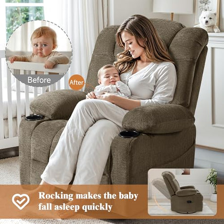 Vawobl Swivel Rocker Recliner Chair for Adults – Manual Glider Sofa with Massage, Heat & Vibration, 360° Rocking for Living Room or Nursery (Light Brown, 30"x30"x40") Vawobl