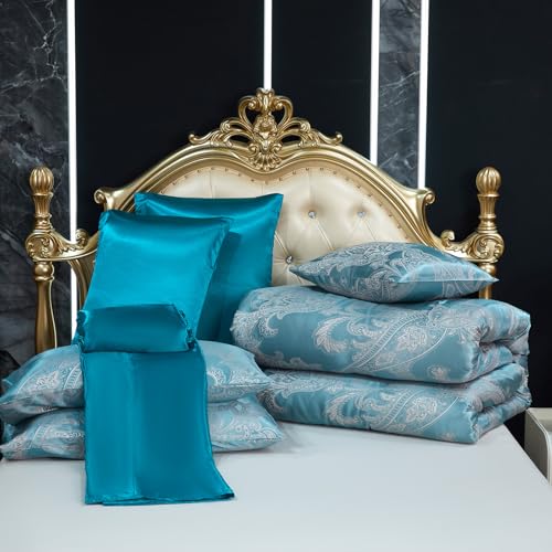 Jacquard Full Comforter Set Peacock Green Sheet Set Satin Bedding Set 8 Pcs Embroidery Neoclassical Floral Bed Home Decor Soft Down Comforter Luxury Hotel Silky Bed in a Bag with 1 Cushion Cover Bedding_Dreamer