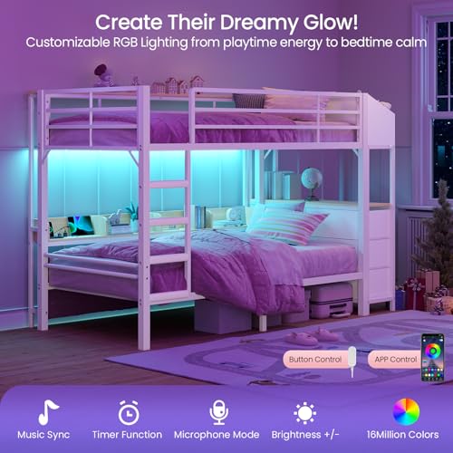 Twin Over Twin Bunk Bed with 6 Storage Drawers & 3 Boxes, Dual Side Shelves, Twin Bunk Beds for Kids with LED Lights and Charging Station, Heavy Duty Metal Bunk Bed with Safety Guardrail and Ladder mojiasion