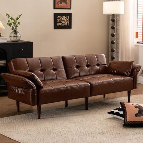HALLYBEE Futon Sofa Bed, Sleeper Sofa, Small Couch with Storage Adjustable Armrests Pillows, Faux Leather Loveseat, Mid Century Modern Couches for Living Room, Bedroom, Apartment, Red Brown HALLYBEE