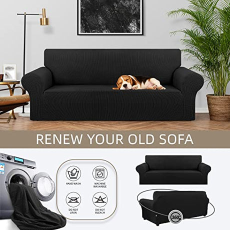 KEKUOU Stretch Sofa Cover Slipcover ，Couch Covers for 3 Cushion Couch Sofa pet Friendly (78"-94") Furniture Protector Sofa with Elastic Bottom for Kids,Dog, Jacquard Small Checked(Large,Black) KEKUOU