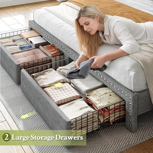 EnHomee King Size Bed Frame with 2 Metal Storage Drawers, Vertical Tufted Upholstered King Platform Bed with Headboard Shelf, 1000lbs Heavy Duty, No Box Spring Needed,Easy Assembly,Grey EnHomee