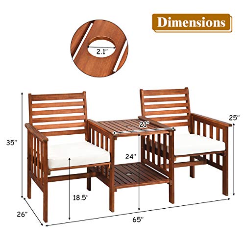 Tangkula Acacia Wood Loveseat, 3pcs Outdoor Table Chairs Set, Patio Conversation Set w/Coffee Table and Soft Cushions, 2.1-inch Umbrella Hole, 2-Seater Furniture Set (White) Tangkula