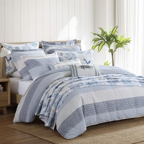 Levtex Home Sand Stripes Blue King Duvet Cover Set (106x94in) with 2 Pillowcases (36x20in) - Woven Jacquard Stripe - Navy, Blue, Grey, Cream - Cotton King Size Duvet Cover Set - Soft, Pre-Washed Levtex Home