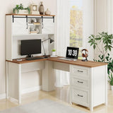 Vabches Farmhouse 68" H L Shaped Desk with Hutch,Office Table with 3 Drawers and Sliding Doors, Executive Desk with File Drawers and Charging Station, Wood Workstation for Home Office and Study Vabches