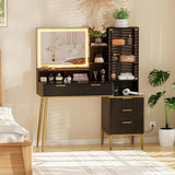 GlowSol Fluted Vanity Desk with Mirror and Lights, Makeup Vanity Desk with HD Mirror, 3 Color Adjustable Lighting, Power Outlet, 5 Drawers & Multi Shelves, Black Dressing Table for Bedroom GlowSol