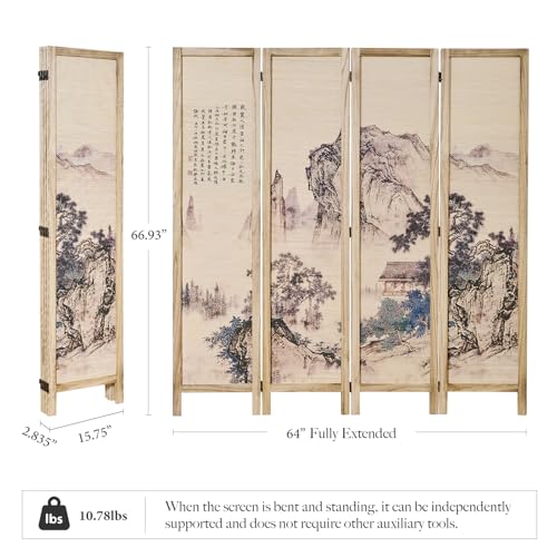 Svimi Oriental Style 4 Panel Room Divider and Folding Screen Room Divider,Freestanding Partition Screen,67″H x 64″W (Landscape, Bamboo Curtain) Svimi
