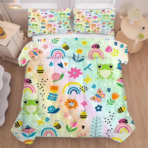 FUYEUN Rainbow Comforter Sets Twin Size Cartoon Floral Frogs Bedding Set for Girls Kids Children Boys Butterfly Flowers Bees Insects Cute Kawaii Quilt 1 Comforter + 1 Pillow Case FUYEUN