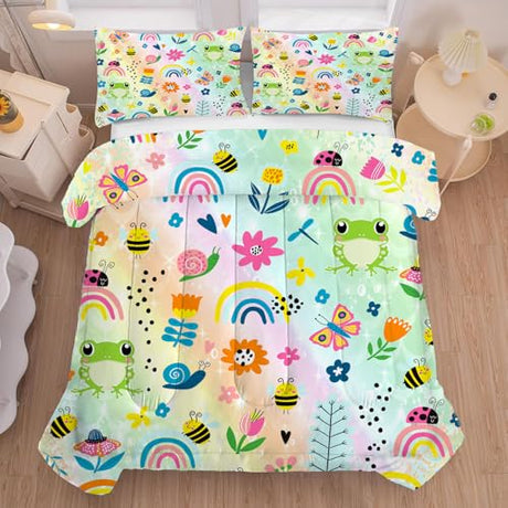 FUYEUN Rainbow Comforter Sets Twin Size Cartoon Floral Frogs Bedding Set for Girls Kids Children Boys Butterfly Flowers Bees Insects Cute Kawaii Quilt 1 Comforter + 1 Pillow Case FUYEUN