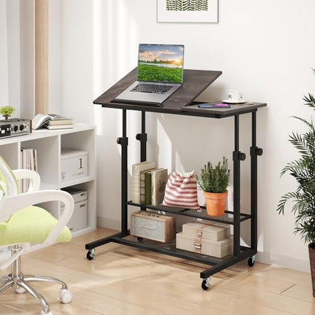 Giantex Mobile Standing Desk, Adjustable Rolling Computer Desk w/Tilting Desktop & Storage Shelves, PC Laptop Table, Small Compact Desk on Wheels for Small Space, Living Room & Bedroom (Black Oak) Giantex