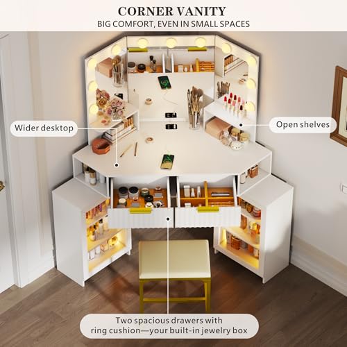 SKKTKT Vanity Desk with Charging Station & LED Lights Mirror – Corner Design HD Triple Mirror Makeup Vanity Table Set with Storage Drawers & Chair for Living Room/Bedroom Ideal Gift (White) SKKTKT