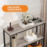 Snughome Console Table with Power Outlets, Entryway Table with Storage, Narrow Sofa Table with 3 Tier Shelves, 2 USB Ports, 2 Power Outlets, Hallway Table for Couch, Living Room, Entrance, Grey Snughome