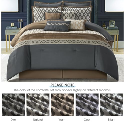 LANCO MODERN LIFESTYLE King Size Comforter Set, Grey Brown, 10 Piece Bed in a Bag for All Seasons, Luxury Extreme Comfort Bedding Sets with Bedskirt, Pillow Shams, Euro Shams and Decor Pillows LANCO MODERN LIFESTYLE