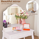 HVCBOSS 3-in-1 Makeup Vanity Desk with Tri-Fold LED Mirror, Charging Station (2 AC + 2 USB), 4 Drawers + Open Shelf, Small Vanity Table with Stool for Bedroom/Dorm HVCBOSS