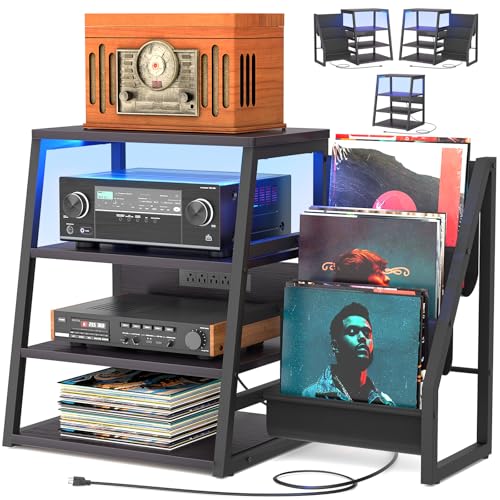 AV Media Stand with Outlets, Stereo Stands and Racks with Vinyl Storage, Stereo Stand with Record Storage, Audio Stereo Rack Cabinet, Turntable Console Stand with LED lights, 4 Tiers, Black Ebony Besiost