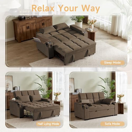 hansones 65'' 3-in-1 Folding Convertible Sofa Bed, Pullout Sofa, Modern Chenille Fabric, 360° Swivel Side Table, Easy Assembly, Perfect for Living Room(ZY-1107A-Brown) hansones