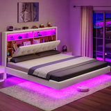 DWVO Queen Size Floating Bed Frame with Bookcase Storage Headboard, RGB LED Lights Beds with Charging Station, Upholstered Platform with Heavy Duty Wood Slat, No Box Spring Needed, Beige DWVO