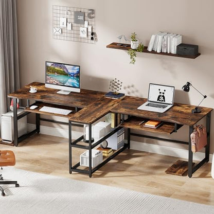 Tribesigns 94.5 inch Two Person Desk with Keyboard Tray, Extra Long Home Office Desk with Storage Shelves and Hooks, Double Computer Desk Workstation Study Table for Two People - WoodArtSupply