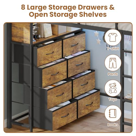 BTHFST Twin Loft Bed with Desk & 8 Storage Drawers Tall Dresser, Metal Loft Bed with LED Lights & Charging Station, 2-Tier Storage Shelves, Stable & Sturdy, Noise Free, Rustic Brown and Black BTHFST