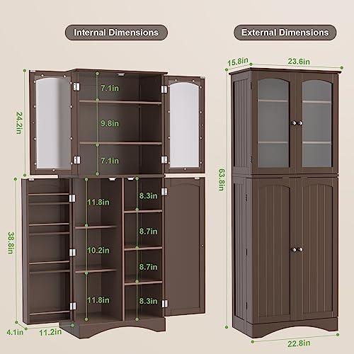 Gizoon 64" Kitchen Pantry Cabinet, Tall Storage Cabinet with Glass Doors and Adjustable Shelves, Freestanding Floor Cabinet Cupboard for Kitchen, Living Room, Dining Room (Dark Brown) Gizoon