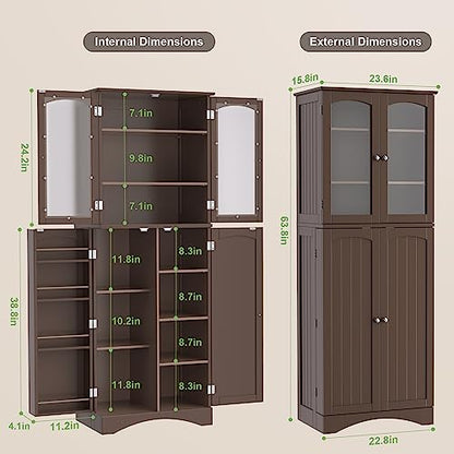 Gizoon 64" Kitchen Pantry Cabinet, Tall Storage Cabinet with Glass Doors and Adjustable Shelves, Freestanding Floor Cabinet Cupboard for Kitchen, Living Room, Dining Room (Dark Brown) - WoodArtSupply