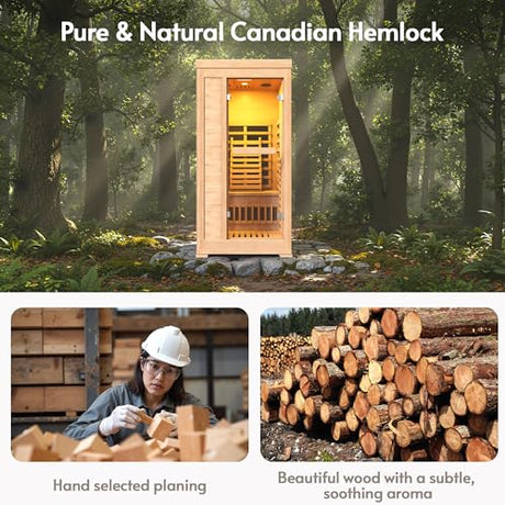 ENSTVER Infrared Wood Sauna 6.4Ft 1-2 Person, Luxury Full Spectrum Far Infrared Sauna Features Low EMF 1745w 7-Light Dynamic & Music Speakers, Canadian Hemlock Dry Indoor Saunas for Home & Gym ENSTVER