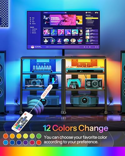 CHOEZON 4-Tier AV Media Stand with Wheels, Stereo Stands, Media Console Shelf with Power Strips, LED Lights, Wooden Audio Cabinet Rack Tower for Record Player/Apple TV/ps4, Black TCJ60UDBB CHOEZON